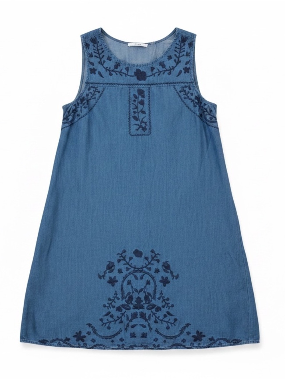Dex Denim Look Blue Embroidered Lightweight Sleeveless Summer Dress, Pockets